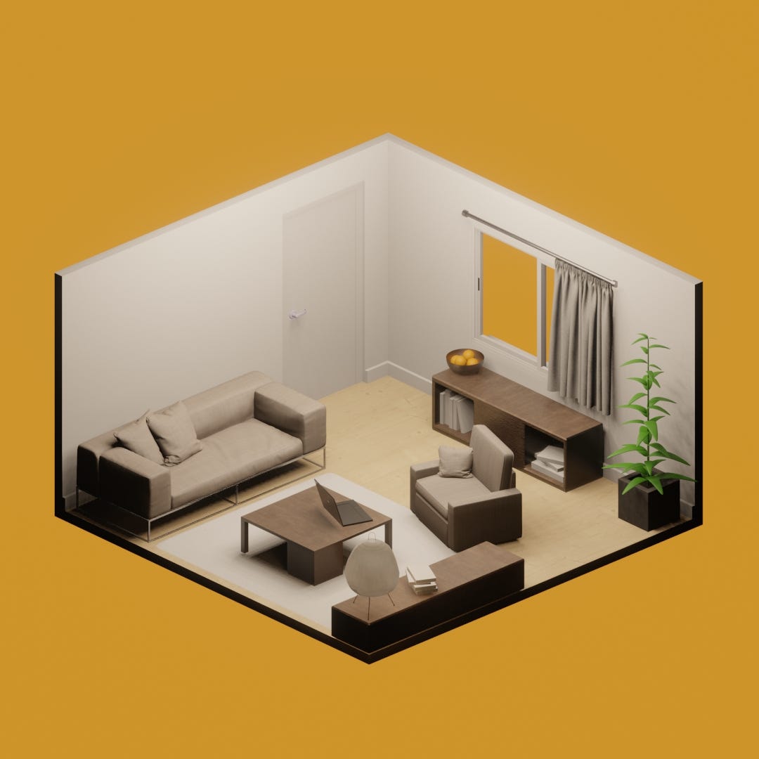 Personalized AI Room - A modern, minimalist living space with warm lighting and cozy furniture